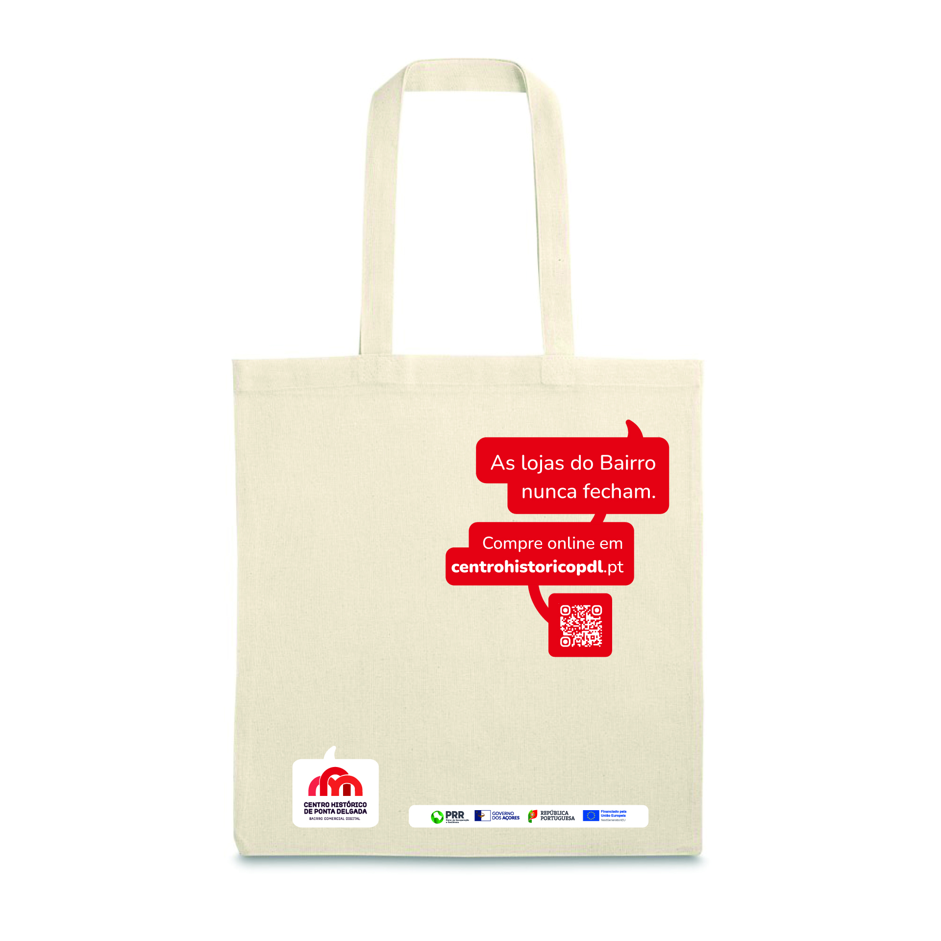 Tote bag do Bairro Comercial Digital, com balão de fala a destacar uma vantagem do bairro