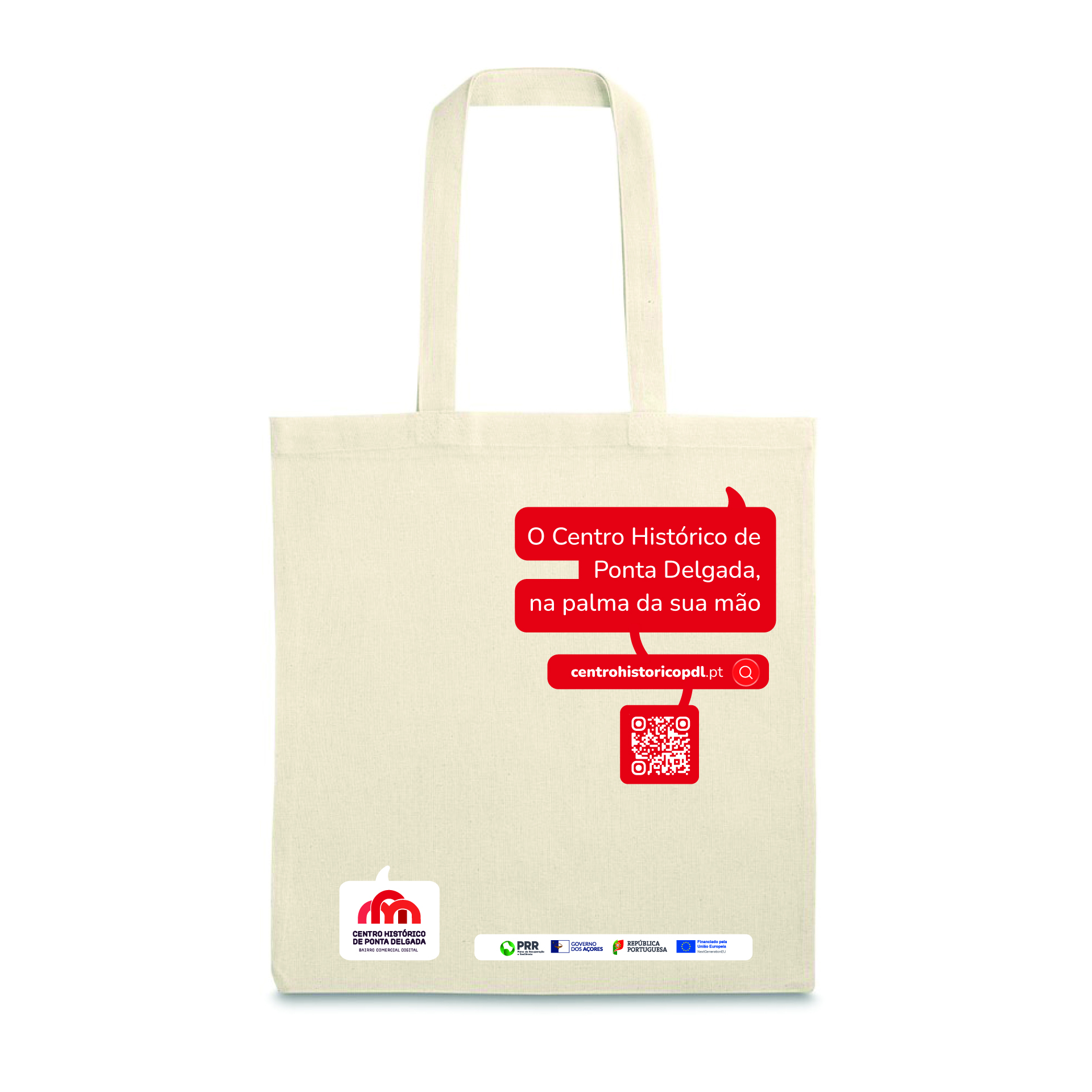 Tote bag do Bairro Comercial Digital, com balão de fala a destacar uma vantagem do bairro