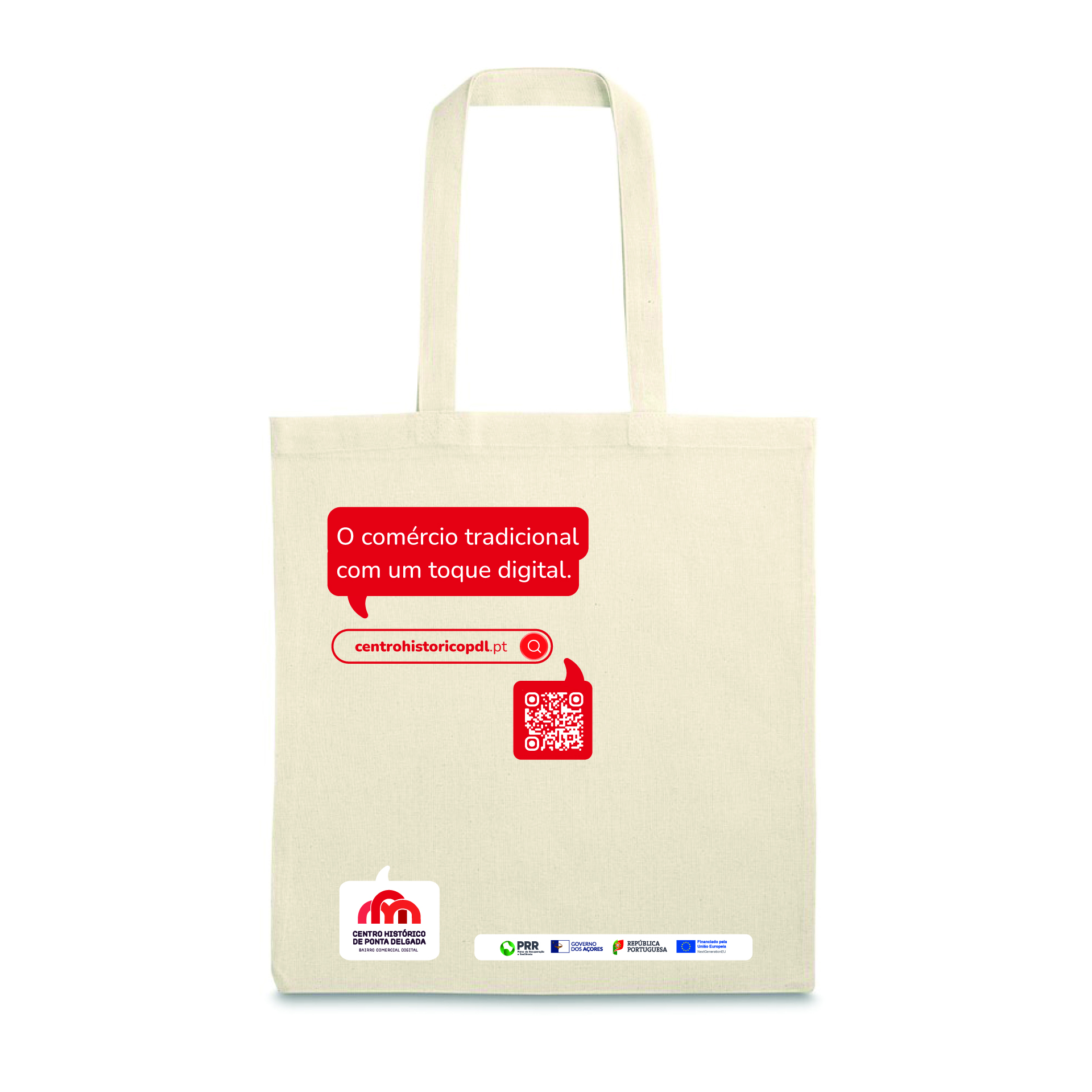 Tote bag do Bairro Comercial Digital, com balão de fala a destacar uma vantagem do bairro