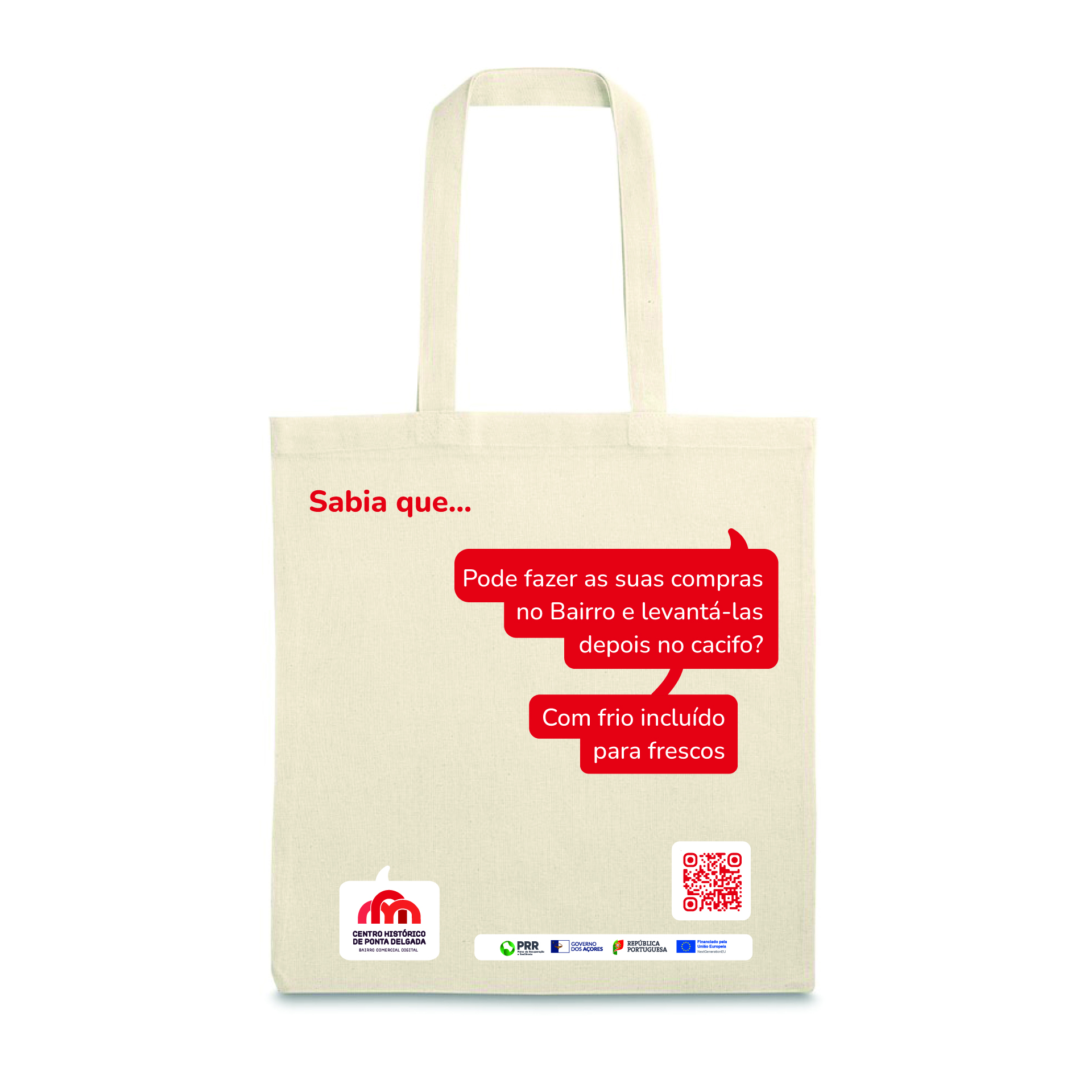 Tote bag do Bairro Comercial Digital, com balão de fala a destacar uma vantagem do bairro