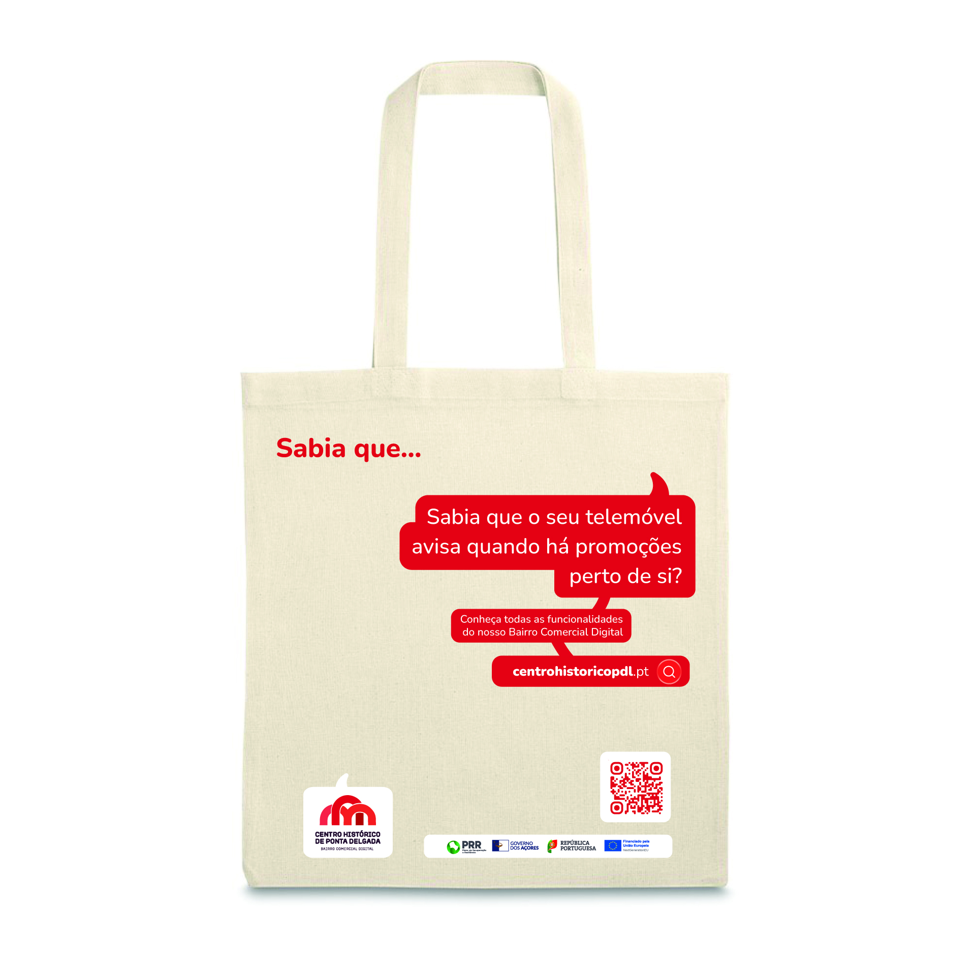 Tote bag do Bairro Comercial Digital, com balão de fala a destacar uma vantagem do bairro