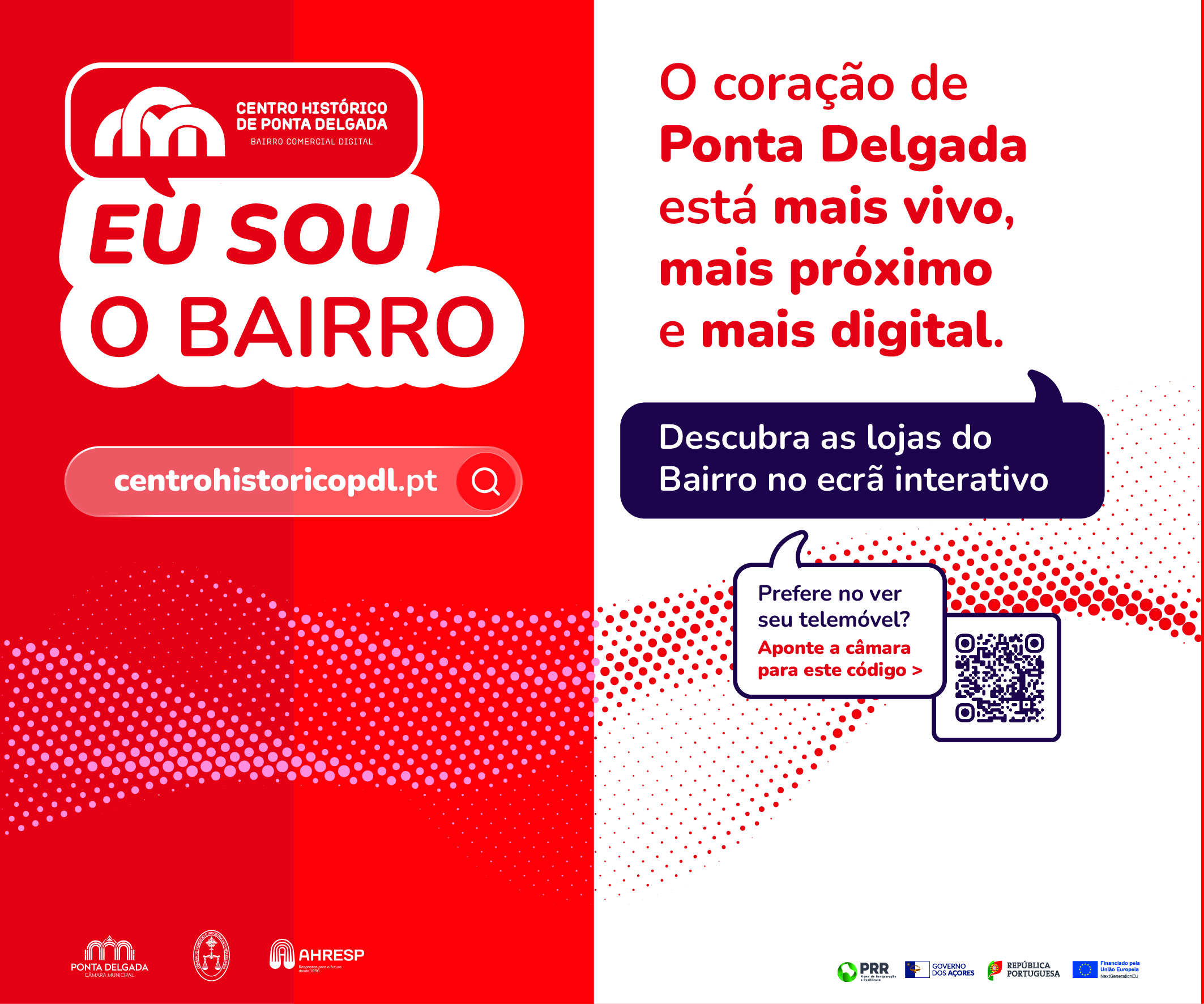 Lona esquerda do stand do Bairro Comercial Digital na FICSA 2026, com o balão de fala 'Eu sou o Bairro' em vermelho