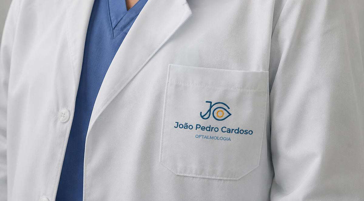 Bata médica do Dr. João Pedro Cardoso com logotipo bordado da marca de oftalmologia nos Açores