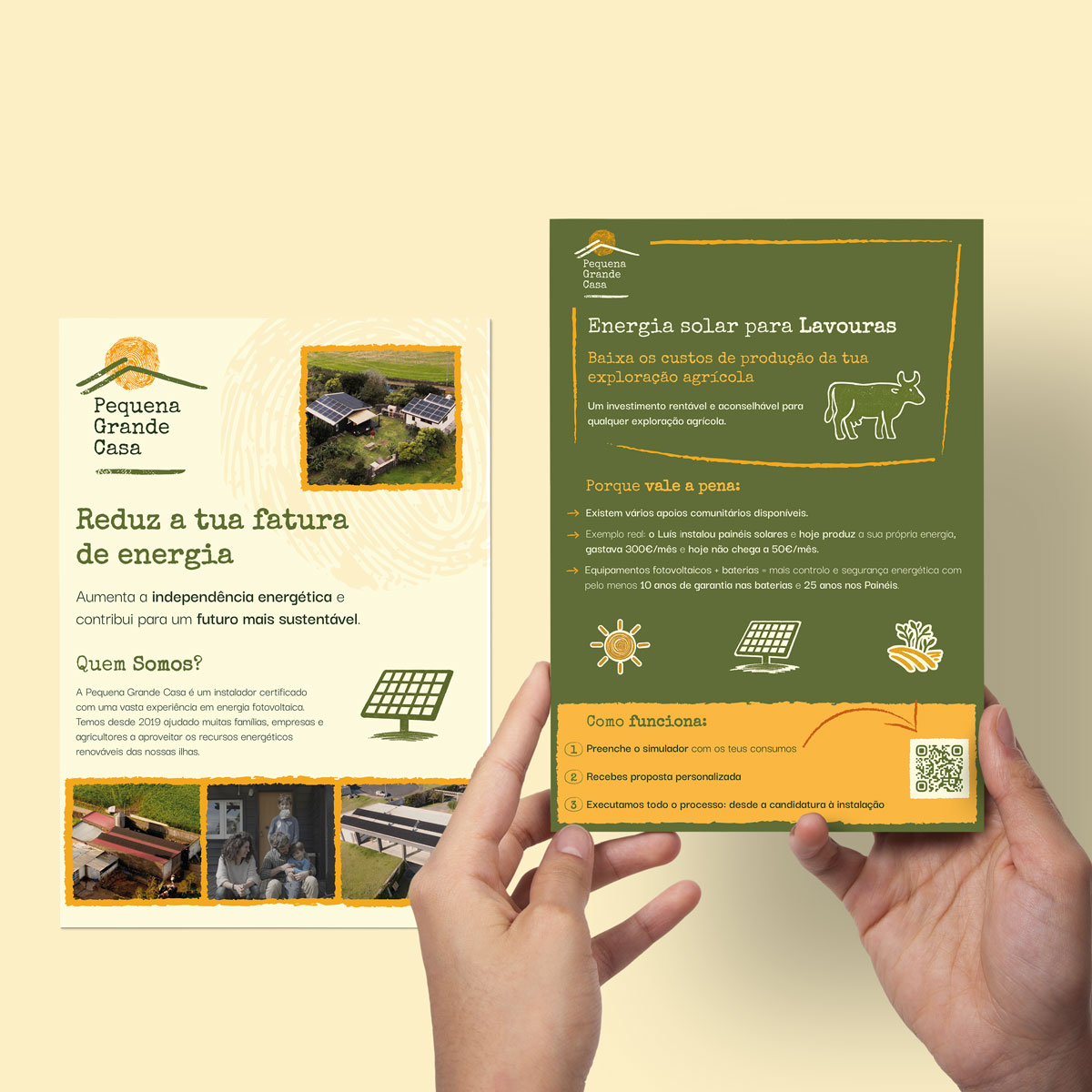 Flyer explicativo da Pequena Grande Casa, com ilustrações que tornam a energia solar compreensível em segundos