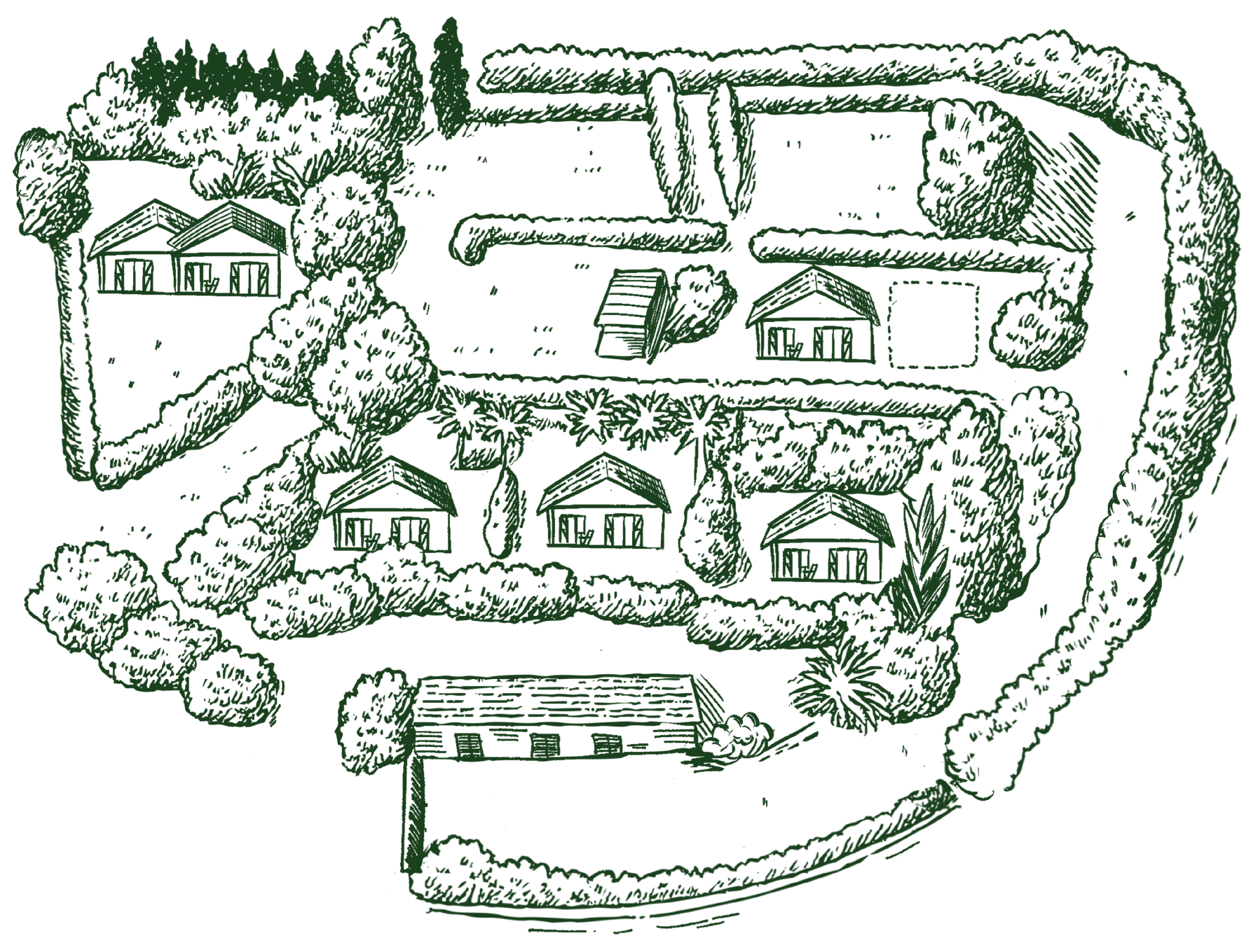Mapa ilustrado da Quinta dos Curubas Cottages com 9.000 m² de jardins, cottages em madeira e percursos em Vila Franca do Campo, Açores
