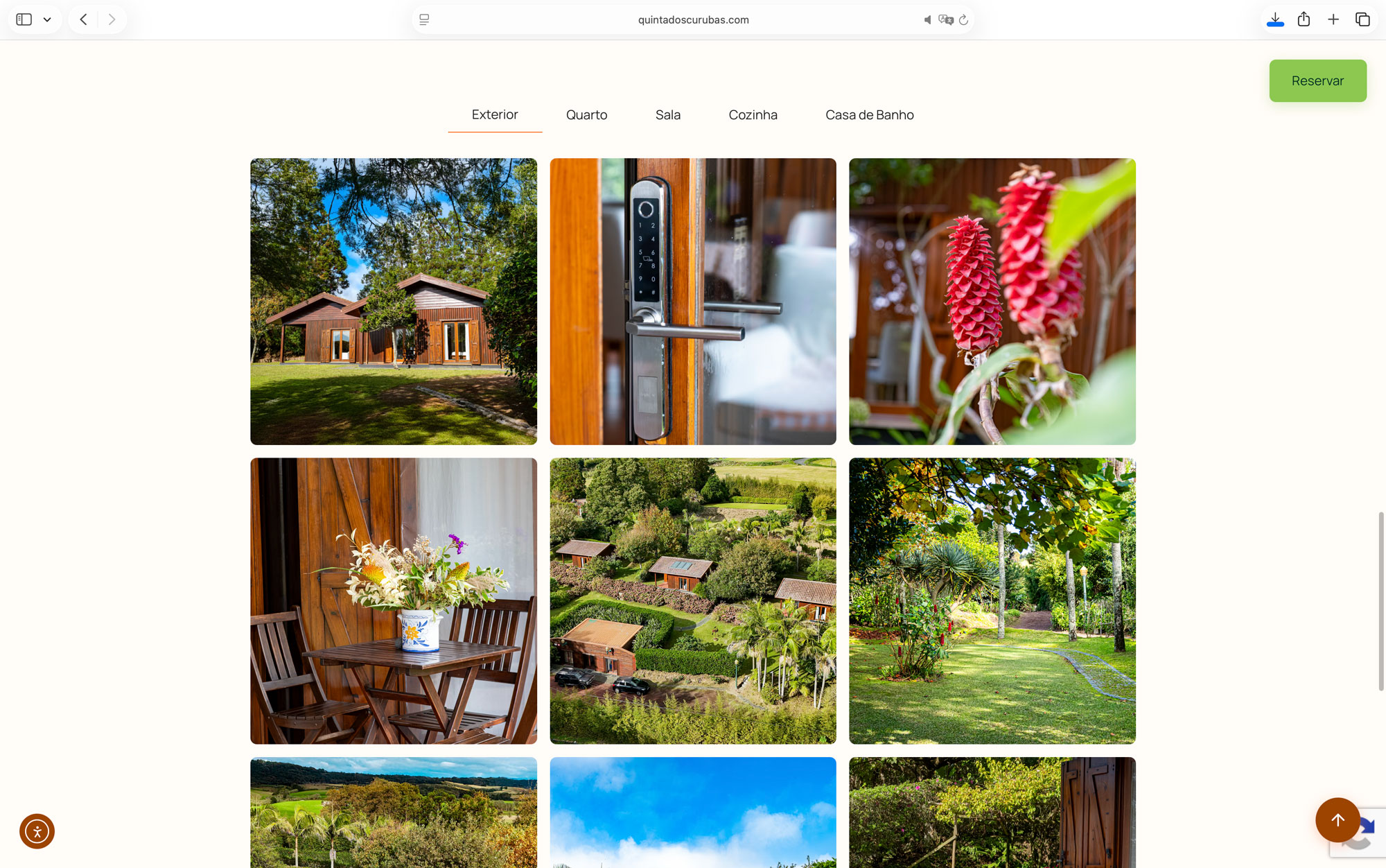 Screenshot do website Quinta dos Curubas Cottages, secção de experiências