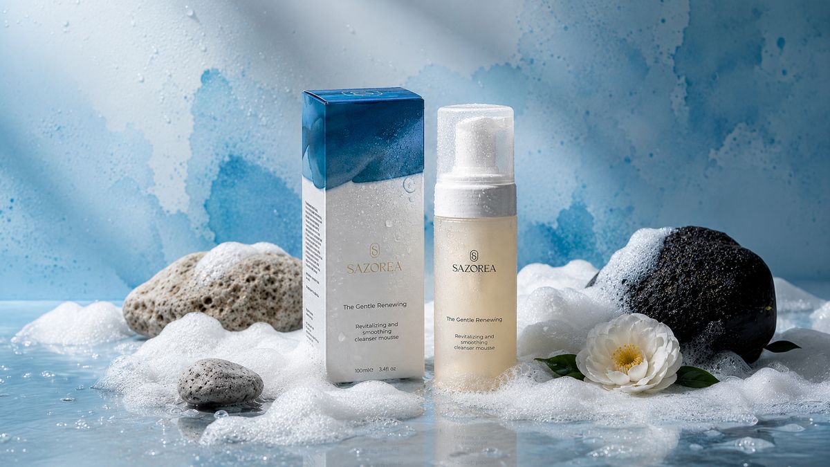 Embalagem The Gentle Renewing - espuma de limpeza Sazorea com design azul