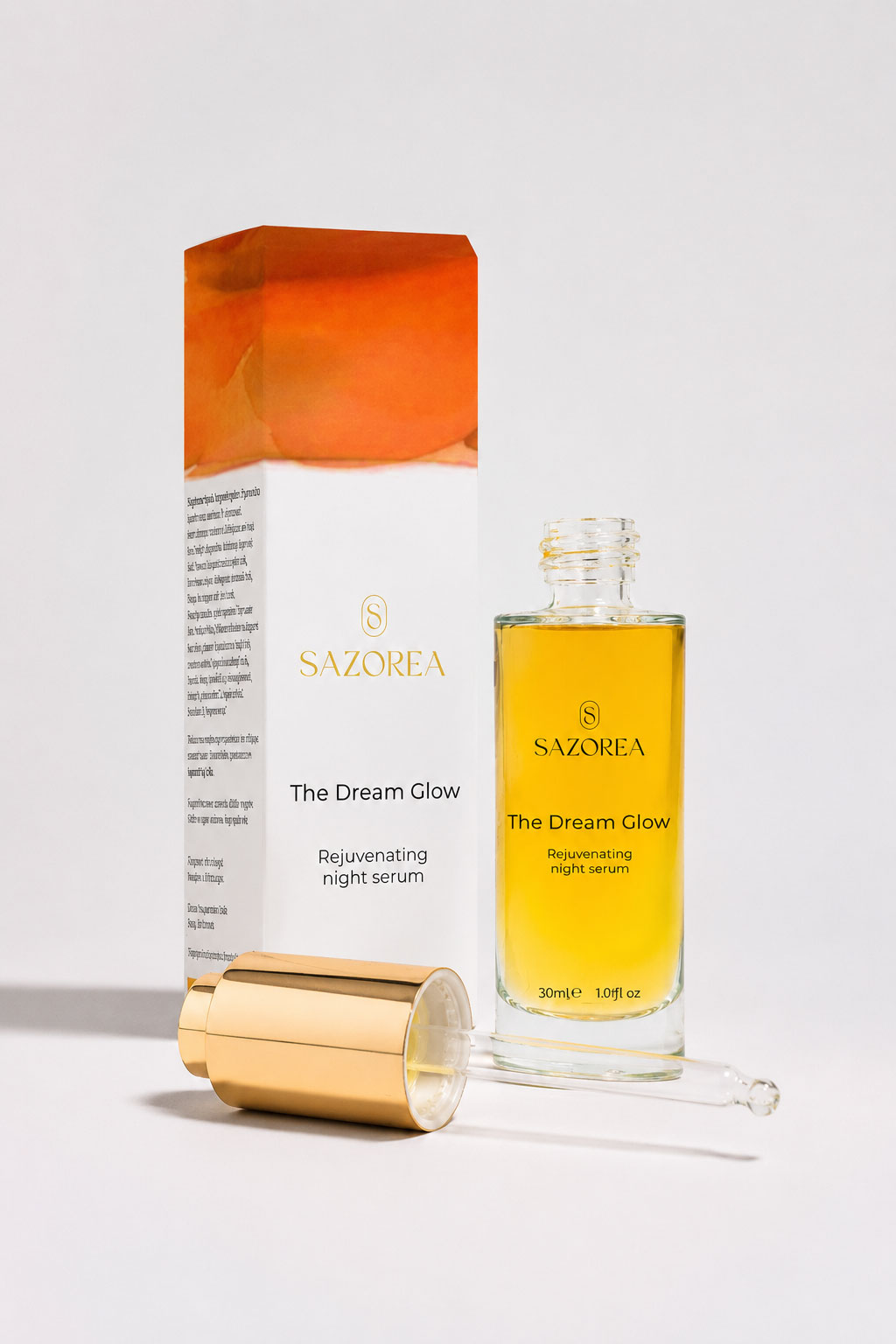 Embalagem The Dream Glow - óleo facial Sazorea com design laranja dourado